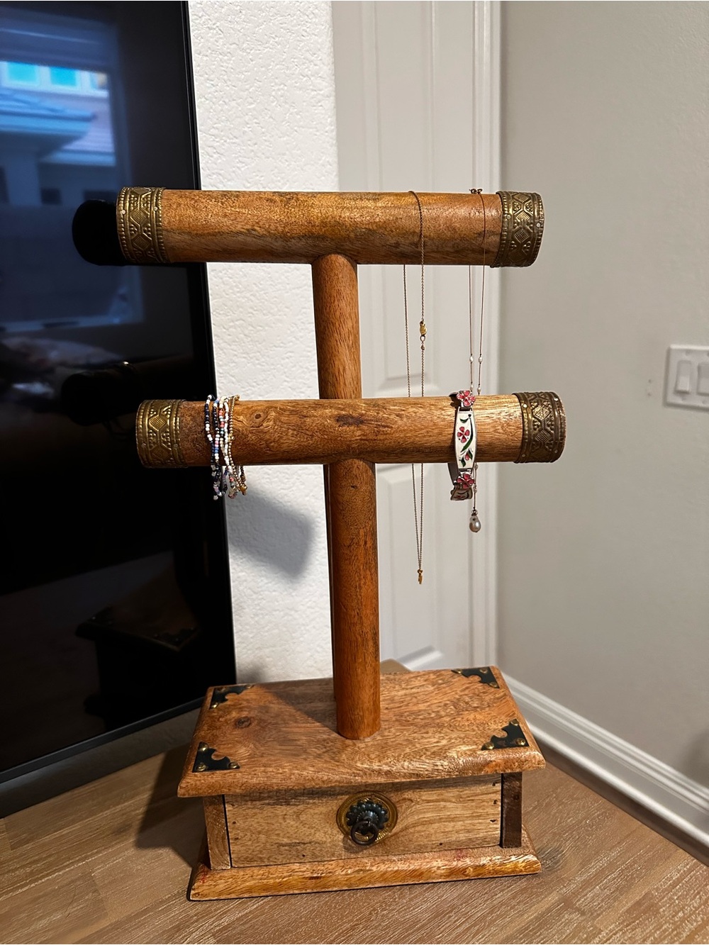 Wooden Double T-Bar Jewelry Stand in Warm Brown with Metal Accents
